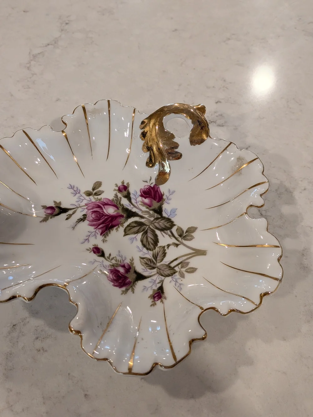Vintage Floral Porcelain Dish with Gold Accents 8
